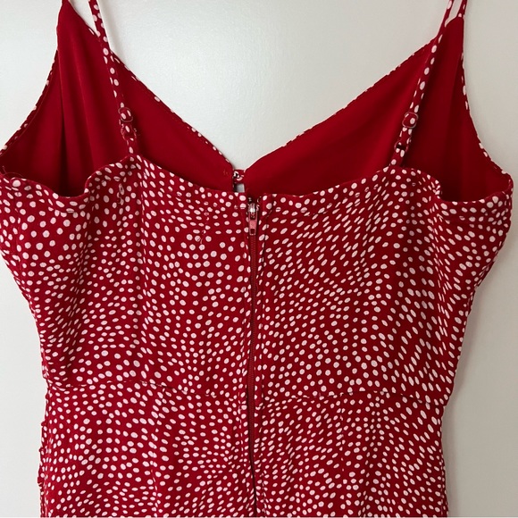 Row A Red Polka Dot Slit Midi Slip Sun Dress Small Knee Length Spaghetti Strap - Picture 10 of 14